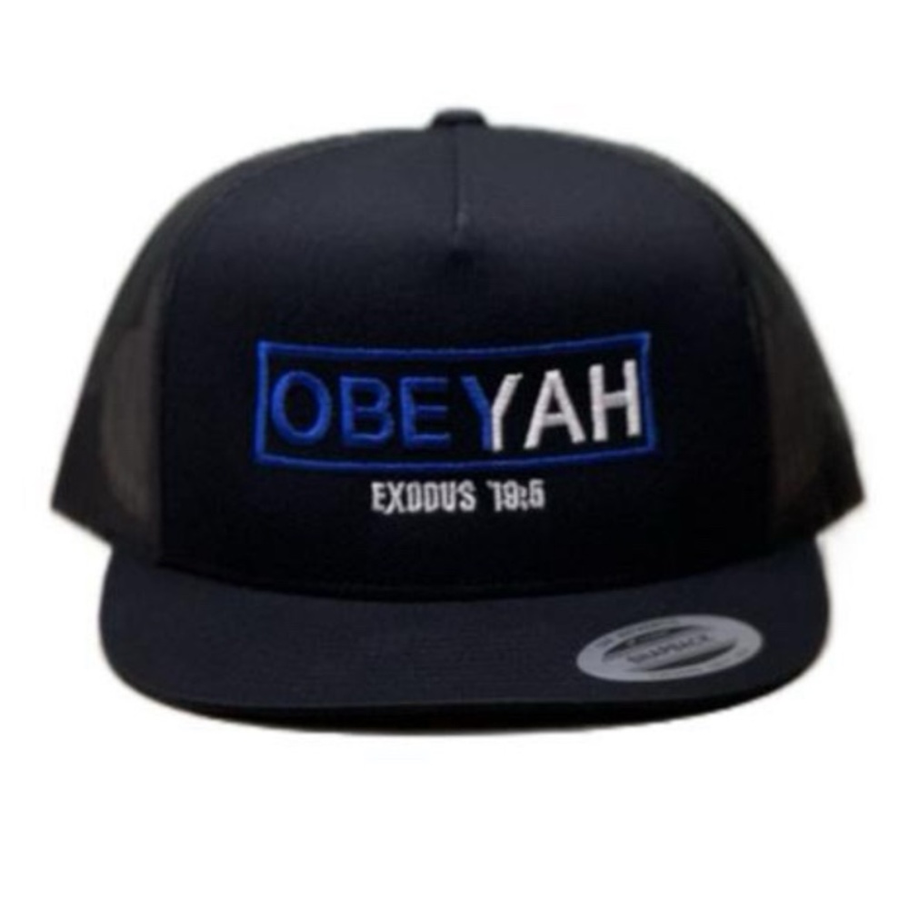 Obeyah Direct Embroidered Flat Bill Adjustable SnapBack Mesh Backing Trucker Hat